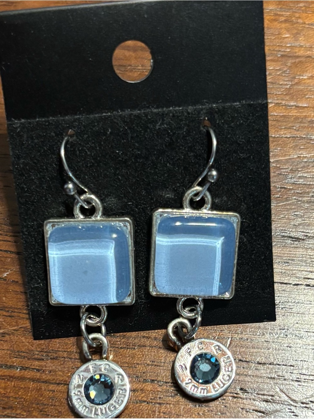 Handmade 9mm Luger Bullet Casing Earrings Blue Crystal Upcycled Jewelry